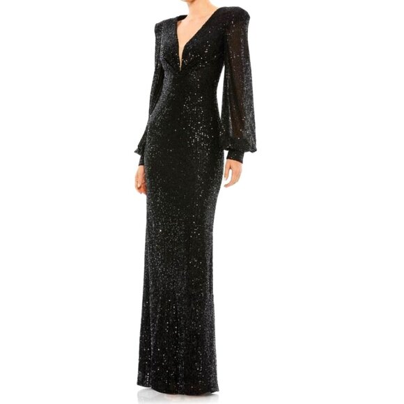 Mac Duggal Black Sequin Plunge Neck Bishop Sleeve Evening Gown Sz 14 NWT 26722
